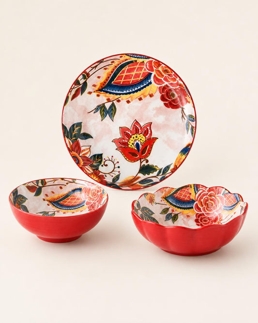 Japanese Style Painted Ceramic Bowl and Plate Set