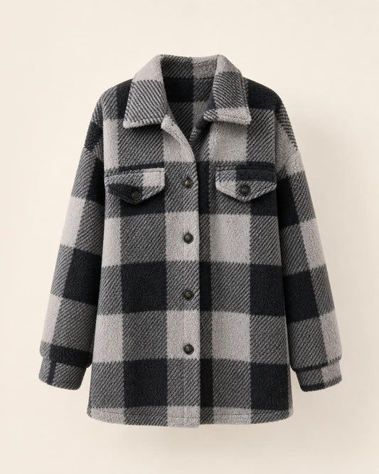 Plush Plaid Women's Autumn And Winter Open Button Lapel Thermal Plaid Pattern Jacket